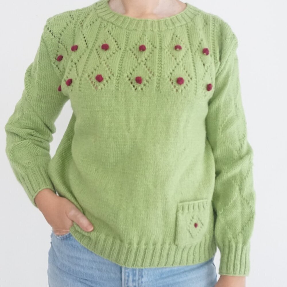 Vintage Hand Knit Lime Green Argyle Crochet PomPom Scoop Neck Sweater Small